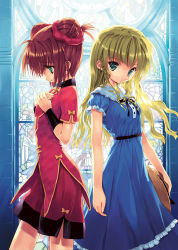 Rule 34 | 2girls, arms at sides, blonde hair, blue dress, character request, closed mouth, cowboy shot, double bun, dress, frilled dress, frills, green eyes, hair bun, hair ornament, hat, long hair, looking at viewer, lowres, multiple girls, own hands together, parted lips, red dress, red hair, short sleeves, standing, sun hat, ueda ryou, unworn hat, unworn headwear, wavy hair