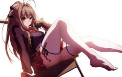 Rule 34 | 10s, 1girl, amagi brilliant park, antenna hair, black background, blush, breasts, brown hair, carrying, classroom, curvy, desk, female focus, gun, hair ribbon, highres, large breasts, legs, long hair, musket, plaid, plaid skirt, ponytail, ribbon, school, school uniform, sento isuzu, shoulder carry, sitting, skirt, solo, sweater vest, table, thick thighs, thighhighs, thighs, weapon, white background, white thighhighs, wide hips, yellow eyes