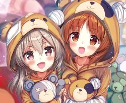 Rule 34 | 10s, 2girls, :d, akabane (zebrasmise), animal costume, bandages, bandaid, bear costume, blurry, blurry background, boko (girls und panzer), brown eyes, brown hair, commentary request, depth of field, girls und panzer, holding, holding stuffed toy, light brown hair, long hair, looking at viewer, multiple girls, nishizumi miho, open mouth, shimada arisu, short hair, side-by-side, smile, standing, stuffed animal, stuffed toy, teddy bear, upper body