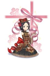Rule 34 | 1girl, argyle, black dress, black eyes, black hair, black legwear, bow, brown dress, brown footwear, brown hat, dress, elbow gloves, flower, frown, full body, gift, gloves, hair flower, hair ornament, hat, hat bow, highres, looking at viewer, official art, princess principal, princess principal game of mission, red bow, short hair, solo, thick eyebrows, toudou chise, transparent background