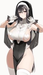 Rule 34 | 1girl, absurdres, bare shoulders, black dress, black eyes, black hair, blush, breasts, cross, cross necklace, dress, frills, gloves, habit, heart pasties, highres, hougu souji, jewelry, large breasts, long hair, looking at viewer, necklace, original, pasties, pelvic curtain, sideboob, solo, thighhighs, thighs, white gloves, white thighhighs