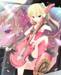 Rule 34 | 1girl, aibumi, bad id, bad pixiv id, blonde hair, electric guitar, fang, female focus, flandre scarlet, guitar, hair ornament, highres, instrument, open mouth, pen-zin, red eyes, short hair, side ponytail, sleeveless, solo, touhou, wings