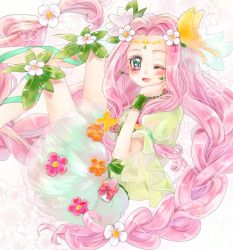 Rule 34 | 1girl, ;d, aki (na uup), blush, bow, braid, cropped legs, cure felice, flower, full body, green eyes, green ribbon, ha-chan (mahou girls precure!), hair flower, hair ornament, hanami kotoha, hand on own face, leg ribbon, long hair, looking at viewer, magical girl, mahou girls precure!, multicolored eyes, one eye closed, open mouth, pink bow, pink eyes, pink hair, precure, puffy sleeves, ribbon, skirt, smile, solo, star (symbol), star in eye, symbol in eye, twin braids, veil, wrist cuffs