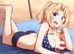 Rule 34 | 10s, 1girl, alternate hairstyle, american flag bikini, american flag print, ass, barefoot, beach, bikini, blue bikini, breasts, butt crack, cleavage, day, flag print, front-tie bikini top, front-tie top, girls und panzer, hair intakes, head rest, highres, kapatarou, kay (girls und panzer), large breasts, long hair, looking at viewer, lying, mismatched bikini, on stomach, open mouth, ponytail, print bikini, sketch, smile, solo, swimsuit, the pose