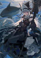 Rule 34 | 1girl, absurdres, arknights, black dress, black headwear, black pantyhose, black sleeves, breasts, circular saw, detached sleeves, dress, grey hair, hair between eyes, hat ornament, highres, holding, holding weapon, long hair, long sleeves, natsuba002, official alternate costume, open mouth, pantyhose, red eyes, saw, shard, small breasts, solo, specter (arknights), specter the unchained (arknights), thigh strap, very long hair, water, weapon