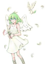 Rule 34 | 1girl, angel, angel wings, asahikawa hiyori, bird, dress, feathers, green hair, skirt, solo, white angel, white dress, white skirt, wings