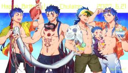 Rule 34 | 4boys, abs, alternate costume, alternate hairstyle, bare pectorals, bike shorts, black male swimwear, blouse, blue hair, bodypaint, bulge, character name, chest tattoo, chibi, closed mouth, collared shirt, contemporary, crescent, crescent necklace, cu chulainn (caster) (fate), cu chulainn (fate), cu chulainn (fate) (all), cu chulainn (fate/prototype), cu chulainn (fate/stay night), cu chulainn alter (fate), cu chulainn alter (fate/grand order), cup, dark persona, dated, earrings, eating, eyewear on head, facepaint, fang, fate/grand order, fate/prototype, fate/stay night, fate (series), fish, food, gae bolg (fate), goggles, goggles around neck, grin, groin, hair bun, hawaiian shirt, highres, holding, holding cup, holding polearm, holding weapon, ice cream, jammers, jewelry, lancer, long hair, looking at viewer, male focus, male swimwear, mini cu-chan (fate), multiple boys, muscular, navel, necklace, nipples, oarfish, official alternate costume, one eye closed, open clothes, open mouth, open shirt, pectoral cleavage, pectorals, polearm, ponytail, red eyes, red snapper, shirt, short sleeves, single hair bun, skin tight, smile, spiked hair, spikes, swim trunks, tail, tattoo, topless male, visor cap, weapon, yukota 2631