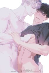 Rule 34 | 2boys, abs, black shirt, blush, bottomless, brown hair, closed mouth, collarbone, hand in another&#039;s clothes, hand on another&#039;s ass, hand on another&#039;s chest, highres, ilay riegrow, jeong taeui, male focus, multiple boys, nude, open mouth, passion (manhwa), shirt, short sleeves, smile, teeth, twitter username, white background, white hair, whiteislife 4, yaoi