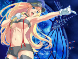 Rule 34 | 00s, 1girl, armpits, bare shoulders, black shorts, black tube top, blonde hair, blue eyes, breasts, earrings, female focus, gloves, hat, holding, holding microphone, jewelry, large breasts, long hair, looking to the side, macross, macross frontier, microphone, midriff, navel, neck, nishiwaki, open mouth, outstretched arm, peaked cap, pointing, sheryl nome, short shorts, shorts, smile, solo, standing, strapless, suspenders, thighhighs, tube top, underboob, very long hair, white gloves
