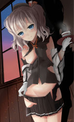 Rule 34 | 10s, 1girl, breasts, cup, gloves, groin, highres, kantai collection, kashima (kancolle), shadow, sideboob, grey eyes, silver hair, small breasts, smile, solo, steam, teacup, torn clothes, window, yagni