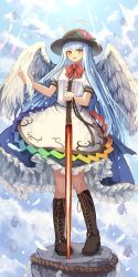 Rule 34 | 1girl, :d, angel wings, bad id, bad pixiv id, black hat, blue hair, blue skirt, blush, boots, bow, bowtie, breasts, brown footwear, center frills, cloud, cloudy sky, commentary request, cross-laced footwear, day, eyebrows hidden by hair, floating island, frills, full body, hat, hinanawi tenshi, knee boots, lace-up boots, light rays, long hair, looking at viewer, ookashippo, open mouth, outdoors, petticoat, planted, planted sword, planted weapon, puffy short sleeves, puffy sleeves, red bow, red bowtie, red eyes, shirt, short sleeves, skirt, sky, small breasts, smile, solo, standing, sunlight, sword, sword of hisou, touhou, very long hair, weapon, white shirt, wings