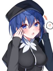 Rule 34 | !?, :o, alternate costume, black dress, black headwear, blue eyes, blue hair, blush, breasts, caren hortensia, caren hortensia (cosplay), ciel (tsukihime), commentary request, cosplay, dress, fate/hollow ataraxia, fate (series), hair between eyes, hat, large breasts, long sleeves, looking at viewer, sakura (tariliko), short hair, simple background, sleeves past wrists, speech bubble, sweatdrop, tsukihime, tsukihime (remake), upper body, white background