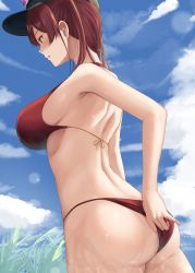 Rule 34 | 1girl, adjusting clothes, adjusting swimsuit, bare shoulders, bikini, black hat, breasts, cloud, cloudy sky, from side, halterneck, hat, highres, hololive, houshou marine, houshou marine (summer), large breasts, nape, outdoors, red bikini, red eyes, red hair, sky, solo, string bikini, swimsuit, virtual youtuber, water drop, wet, yamikyon
