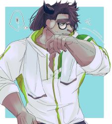 Rule 34 | 1boy, animal ears, animal nose, bara, blue background, blush, border, braid, brown hair, catoblepas (housamo), closed mouth, commentary request, curled horns, furry, furry male, glasses, hand to own mouth, highres, horns, izm (izm rm7), jacket, long hair, looking away, male focus, muscular, muscular male, outside border, ponytail, snout, solo, swept bangs, thick eyebrows, thought bubble, tokyo houkago summoners, towel, towel around neck, translation request, upper body, white border
