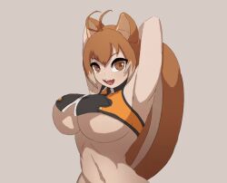 Rule 34 | 1girl, animal ears, animated, antenna hair, arc system works, armpits, arms behind head, arms up, blazblue, bouncing, bouncing breasts, breasts, brown eyes, brown hair, buck teeth, commentary, crop top, dancing, english commentary, hair between eyes, large breasts, looking at viewer, looping animation, makoto nanaya, martin (tuxedopato), me!me!me! dance (meme), meme, midriff, navel, one eye closed, open mouth, revealing clothes, simple background, solo, squirrel ears, squirrel girl, squirrel tail, stomach, stretching, tagme, tail, teeth, underboob, upper teeth only, video, winking (animated)