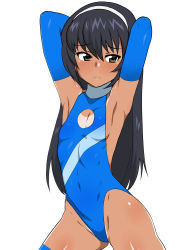 Rule 34 | 10s, 1girl, armpits, arms behind head, black hair, blush, breasts, brown eyes, casual one-piece swimsuit, cleavage cutout, clothing cutout, dark skin, dark-skinned female, flat chest, girls und panzer, groin, hairband, highleg, highleg swimsuit, highres, kagemusha, navel, one-piece swimsuit, reizei mako, sideboob, solo, standing, sweat, swimsuit, tan, tanline
