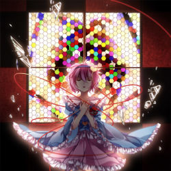 Rule 34 | 1girl, bad id, bad pixiv id, baocaiwangfei, broken glass, closed eyes, female focus, glass, hairband, heart, komeiji satori, long sleeves, open mouth, pink hair, red eyes, short hair, solo, stained glass, third eye, touhou, wide sleeves