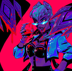 Rule 34 | 1girl, blood, breasts, cone hair bun, demon, demon girl, evelynn (league of legends), glasses, hair bun, highres, koolaid2, league of legends, looking at viewer, medium breasts, microsoft paint (medium), neon palette, red background, revealing clothes, solo, the baddest evelynn, upper body