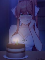 Rule 34 | 1girl, alone girl, birthday, birthday cake, brown hair, cake, crying, crying with eyes open, dark room, darkness, doki doki literature club, dress, food, green eyes, happy birthday, hide and seek, highres, in locker, monika (doki doki literature club), storm blaze, tears, unside down, white dress