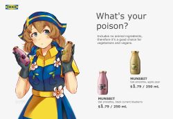 Rule 34 | 1girl, absurdres, apron, artist name, black gloves, blue eyes, bottle, brown hair, calamaripop, collared shirt, commentary, english text, flower, flower ornament, food, gloves, head scarf, highres, holding, holding bottle, holding food, ikea, looking to the side, personification, shirt, short sleeves, simple background, solo, swedish flag, twitter username, white background, yellow apron, yellow shirt