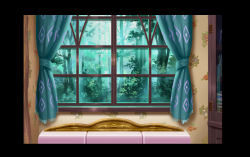 Rule 34 | birijian, black border, border, curtains, day, forest, indoors, nature, no humans, scenery, touhou, tree, window