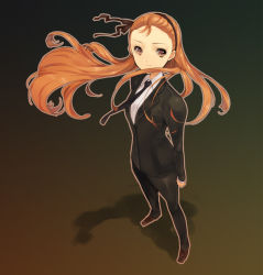 Rule 34 | 1girl, arms at sides, bad id, bad pixiv id, brown eyes, brown hair, formal, from above, gradient background, hairband, idolmaster, idolmaster (classic), long hair, minase iori, necktie, outline, smile, solo, standing, suit, tu (mamalag), wind