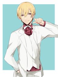 Rule 34 | 1boy, bad id, bad pixiv id, blonde hair, dress shirt, fate/stay night, fate (series), formal, gilgamesh (fate), hair between eyes, hand in pocket, jacket, male focus, neck ribbon, official alternate costume, pants, red eyes, ribbon, shirt, short hair, solo, white jacket, white pants, white ribbon, white shirt