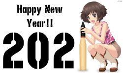 Rule 34 | 1girl, 2021, :d, absurdres, acrux, akiyama yukari, belt, black belt, boots, bra strap, breasts, brown eyes, brown hair, brown shorts, camouflage, camouflage shirt, commentary, dated, english commentary, english text, girls und panzer, happy new year, highres, incredibly absurdres, looking at viewer, medium breasts, messy hair, new year, open mouth, pink shirt, shirt, short hair, short shorts, shorts, simple background, smile, solo, squatting, tank shell, tank top, twitter username, white background, white footwear