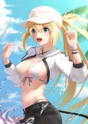 Rule 34 | 1girl, absurdres, artoria caster (fate), artoria caster (swimsuit) (fate), artoria caster (swimsuit) (first ascension) (fate), artoria pendragon (fate), blonde hair, breasts, cleavage, fate/grand order, fate (series), green eyes, hat, highres, kamehito, long hair, looking at viewer, medium breasts, open mouth, ponytail, smile, solo, white hat