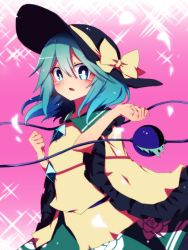 Rule 34 | 1girl, aqua eyes, bad id, bad twitter id, black hat, blush, bow, breasts, cowboy shot, eyeball, floral print, frilled shirt collar, frilled sleeves, frills, from side, green hair, green skirt, hat, hat bow, komeiji koishi, looking at viewer, looking to the side, one-hour drawing challenge, parted lips, pink background, shirt, skirt, small breasts, solo, sparkle, third eye, touhou, wide sleeves, yellow bow, yellow shirt, you (noanoamoemoe)