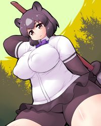 Rule 34 | 1girl, animal ears, arm behind back, arm behind head, arm up, bear ears, paw stick, bike shorts, black hair, black skirt, bow, bowtie, breasts, brown bear (kemono friends), brown eyes, closed mouth, collared shirt, covered erect nipples, day, dutch angle, expressionless, gabyo nuno, grey hair, holding, holding weapon, impossible clothes, impossible shirt, kemono friends, large breasts, layered sleeves, long sleeves, looking afar, microskirt, multicolored hair, outdoors, plump, shirt, short hair, short over long sleeves, short sleeves, shorts, shorts under skirt, skindentation, skirt, solo, two-tone hair, upper body, weapon, white shirt, wing collar