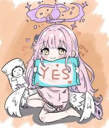 Rule 34 | bad tag, blue archive, blush, body pillow, closed mouth, doodle sensei (blue archive), e v e neko, full body, halo, heart, highres, legs, long hair, mika (blue archive), pajamas, pillow, pink hair, sensei (blue archive), simple background, smile, wings, yellow background, yellow eyes, yes, yes-no pillow