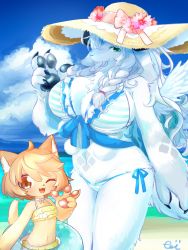 Rule 34 | 2girls, animal ears, brown hair, cat ears, cat tail, dog ears, extra breasts, furry, hat, highres, long hair, multiple girls, open mouth, pawpads, red eyes, short hair, swimsuit, tai tai kun, tail, v, white hair