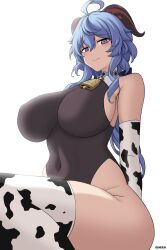 Rule 34 | 1girl, absurdres, ahoge, animal print, artist name, bare shoulders, bell, blue hair, blush, bodystocking, breasts, covered navel, cow print, cow print gloves, cow print thighhighs, cowbell, furrowed brow, ganyu (genshin impact), genshin impact, gloves, hair between eyes, highres, hormkrun, horns, large breasts, long hair, looking at viewer, low ponytail, neck bell, print gloves, print thighhighs, purple eyes, sitting, solo, sweatdrop, thick thighs, thighs, white background