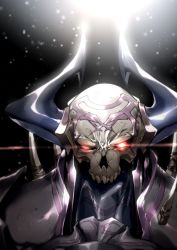 Rule 34 | 1boy, armor, commentary request, dark background, eiri (eirri), fate/grand order, fate (series), glowing, glowing eyes, helmet, horns, king hassan (fate), lens flare, looking at viewer, male focus, mask, red eyes, shoulder armor, shoulder spikes, skull, skull mask, solo, spikes, upper body