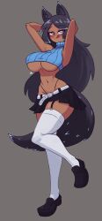 Rule 34 | 1girl, absurdres, animal ear fluff, animal ears, arms behind head, belt, black footwear, black hair, black skirt, blue sweater, borrowed character, breasts, closed mouth, cropped sweater, dark-skinned female, dark skin, doce, female focus, fox ears, fox girl, fox tail, full body, garter straps, grey background, half-closed eyes, highres, large breasts, licking lips, long hair, looking at viewer, miniskirt, navel, original, shoes, simple background, skirt, smile, solo, standing, standing on one leg, sweater, tail, thighhighs, tongue, tongue out, underboob, white thighhighs