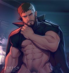 Rule 34 | 1boy, abs, artist name, bare pectorals, black coat, black hair, black shirt, bottomless, chris redfield, clothes lift, coat, coat on shoulders, facial hair, highres, holo eden, lifting own clothes, looking at viewer, male focus, male pubic hair, navel, paid reward available, patreon username, pectorals, pubic hair, resident evil, resident evil village, shirt, shirt lift, short hair, solo, upper body
