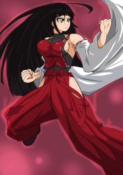 Rule 34 | 1girl, ahoge, bare hips, bare shoulders, black hair, breasts, clenched hand, clenched hands, detached sleeves, female focus, fighting stance, hakama, hakama pants, halterneck, hime cut, japanese clothes, large breasts, long hair, m.u.g.e.n, no bra, nontraditional miko, one-piece thong, original, pants, red hakama, sendai hakurei no miko, sideboob, solo, touhou, very long hair, wide sleeves, yellow eyes