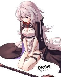 Rule 34 | 1girl, absurdres, arknights, black cloak, blush, breasts, cleavage, cloak, commentary request, dated, dress, gaoling gangqin, grey eyes, highres, long hair, looking down, mulberry (arknights), seiza, sitting, small breasts, solo, staff, thigh strap, very long hair, white dress, white hair