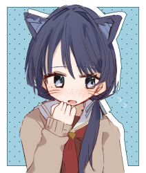 Rule 34 | 1girl, animal ears, averting eyes, blue background, blue eyes, blue hair, blue ribbon, blush, border, brown cardigan, brown dress, cardigan, cat ears, cat girl, clenched hand, commentary, dark blue hair, dress, drop shadow, embarrassed, flying sweatdrops, hair ribbon, hand on own face, hasu no sora school uniform, highres, inset border, kemonomimi mode, link! like! love live!, long hair, long sleeves, love live!, low twintails, mole, mole on neck, murano sayaka, nagisa iori, neckerchief, nose blush, open cardigan, open clothes, open mouth, outside border, red neckerchief, ribbon, sailor collar, sailor dress, school uniform, sideways glance, solo, twintails, upper body, virtual youtuber, whiskers, white border, white sailor collar, winter uniform