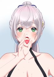 Rule 34 | 1girl, breasts, cleavage, fellatio gesture, green eyes, grey hair, halterneck, highres, hololive, large breasts, mole, mole on breast, ponytail, shirogane noel, shirogane noel (5th costume), solo, tongue, tongue out, upper body, virtual youtuber, zabudog777