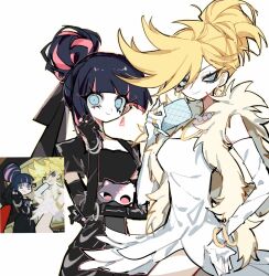 Rule 34 | 2girls, black dress, blonde hair, blue eyes, colored inner hair, commentary, dress, earrings, highres, jewelry, looking at viewer, multicolored hair, multiple girls, panty &amp; stocking with garterbelt, panty (psg), redrawn, stocking (psg), symbol-only commentary, two-tone hair, white dress, zuibuxiu