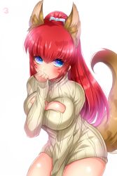 Rule 34 | 10s, 1girl, animal ears, beige sweater, between legs, blue eyes, blush, breasts, covering own mouth, facial mark, fox ears, hand between legs, impossible clothes, impossible sweater, kamemura koryu/yukina, leaning forward, long hair, looking at viewer, medium breasts, meme attire, open-chest sweater, ponytail, red hair, ribbed sweater, rin (show by rock!!), show by rock!!, simple background, sleeves past wrists, solo, sweater, turtleneck, turtleneck sweater, whisker markings, white background