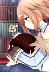 Rule 34 | 1girl, bare shoulders, blanc (neptunia), blue eyes, blush, brown hair, hand on another&#039;s head, haru blanc0316, head on chest, highres, hug, looking at another, neptune (series), short hair