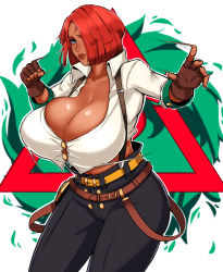 Rule 34 | 1girl, absurdres, alecto 0, belt, black pants, breasts, brown gloves, collarbone, dark-skinned female, dark skin, fighting stance, fingerless gloves, fire, giovanna (guilty gear), gloves, green eyes, green fire, guilty gear, guilty gear strive, hair over eyes, high-waist pants, highres, huge breasts, lips, long sleeves, looking at viewer, pants, parted lips, red hair, shirt, short hair, solo, suspenders, thighs, triangle, white background, white shirt