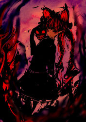 Rule 34 | 1girl, abstract background, absurdres, animal ears, assi, bad id, bad pixiv id, cat ears, dress, faux traditional media, fire, fire, highres, kaenbyou rin, looking at viewer, no lineart, red eyes, red hair, skull, solo, touhou, twintails
