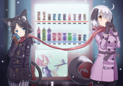 Rule 34 | 2girls, ahoge, animal ears, black hair, blue eyes, blush, can, canned coffee, cat ears, cat tail, coat, dog ears, dog tail, drink can, gloves, hair over one eye, hand in pocket, mofu (mof swimradio), multiple girls, original, outdoors, pink hair, rabbit ears, red scarf, scarf, shared clothes, shared scarf, short hair, snow, tail, tray, vending machine, white hair, yellow eyes
