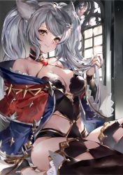 Rule 34 | 1girl, animal ears, bare shoulders, black footwear, black leotard, black thighhighs, blue robe, blush, braid, braided bangs, breasts, capelet, cleavage, closed mouth, collarbone, erune, fraux, granblue fantasy, high heels, highres, hooded robe, jewelry, large breasts, leotard, long hair, long sleeves, looking at viewer, off shoulder, open clothes, open robe, pendant, red capelet, robe, silver hair, sitting, smile, soraneko hino, swept bangs, thighhighs, thighs, twintails, window, yellow eyes