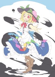 Rule 34 | 1girl, :d, alternate costume, blonde hair, boots, bow, bowtie, brown footwear, collared shirt, cosplay, dress, fangs, food, foreshortening, frilled dress, frills, fruit, full body, hair ribbon, hat, hinanawi tenshi, hinanawi tenshi (cosplay), ink, looking at viewer, multicolored clothes, multicolored dress, open mouth, outstretched arms, red eyes, ribbon, rumia, sash, satou kibi, shirt, shoelaces, short hair, short sleeves, simple background, smile, solo, standing, standing on one leg, touhou