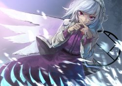 Rule 34 | 1girl, bow, bowtie, crossed fingers, dress, feathers, highres, jacket, kishin sagume, long sleeves, open clothes, purple dress, red eyes, shirt, short hair, silver hair, single wing, solo, touhou, wings, x fingers, zeikomi